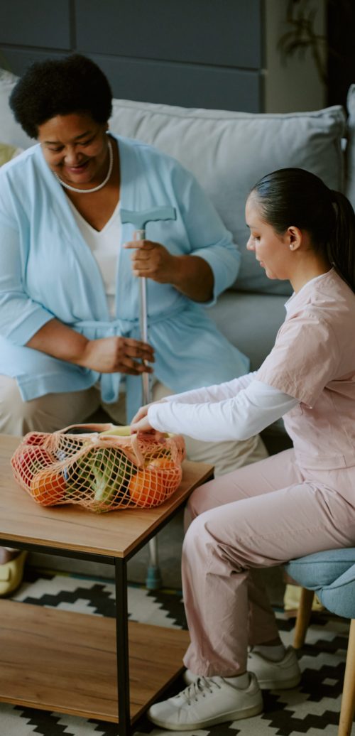 Food Delivery for Senior Patient Caring nurse helping mature African American female patient with food delivery